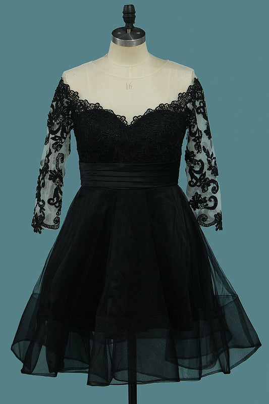 2024 A Line Tulle Scoop 3/4 Length Sleeves Homecoming Dresses With Applique