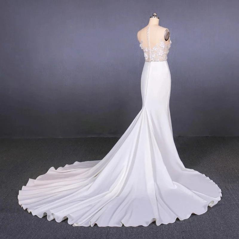 Mermaid Sheer Neck Mermaid Long Wedding Dress with Appliques, Wedding Gowns SRS15265