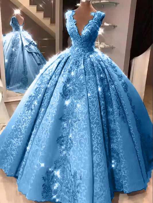 Ball Gown V Neck Floor Length Prom Dresses with Appliques, Quinceanera Dress SRS15565