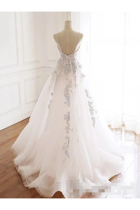Beaded Spaghetti Strap Illusion V Neckline Wedding Dress With Colorful SRSPH7CQTB3