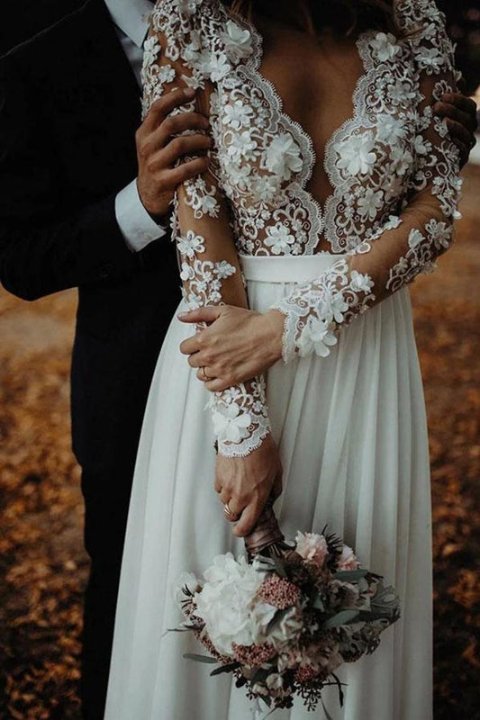 Floor Length Long Sleeves Sheer Neck Split Appliques Chiffon Beach Wedding SRSPXDZQFST