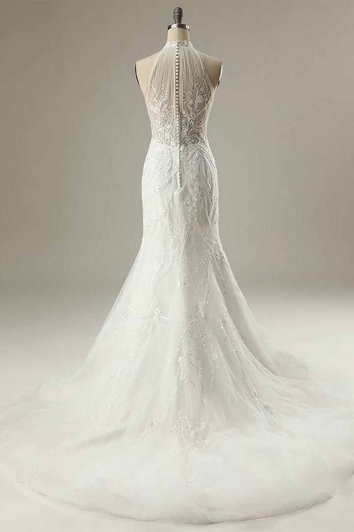 Mermaid Sleeveless Appliques High Collar Wedding Dress