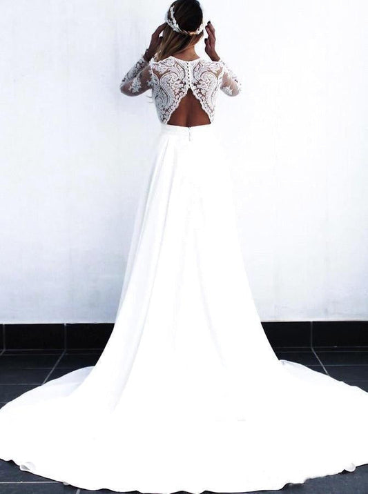 Charming White V Neck Long Sleeves Satin Wedding Dresses, Long Cheap Bridal Dresses SRS15507