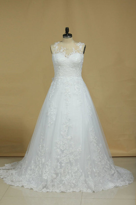 2024 Wedding Dresses Scoop Tulle With Applique Court Train A Line