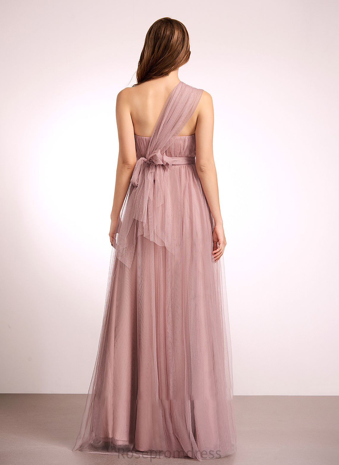 Neckline One-Shoulder Fabric Straps A-Line Length Silhouette V-neck Off-the-Shoulder Tulle Floor-Length Leslie Bridesmaid Dresses