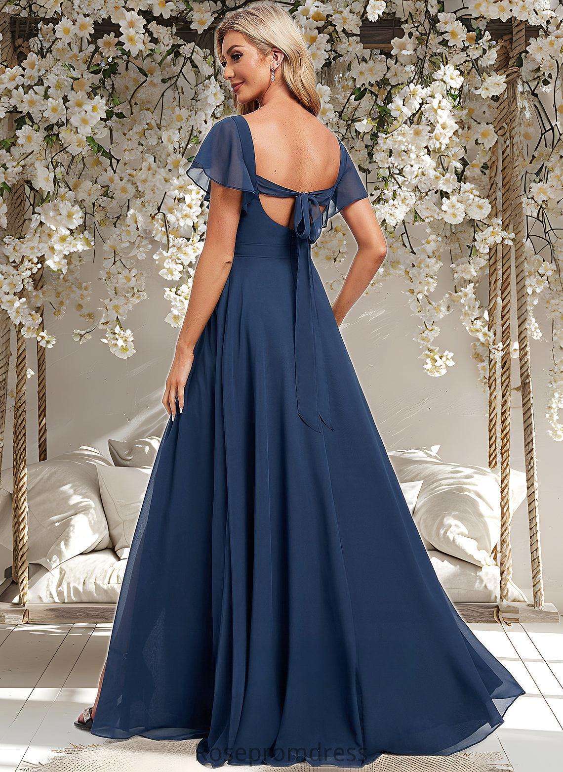 Cailyn A-line V-Neck Floor-Length Chiffon Bridesmaid Dress With Ruffle DSP0025802