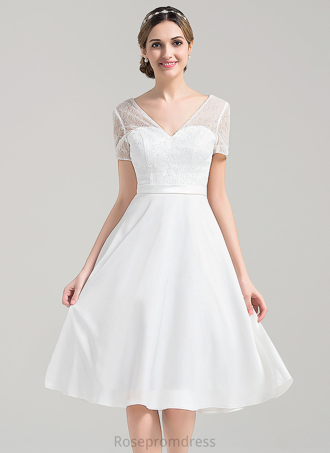 Ashlee V-neck A-Line Satin Dress Wedding Knee-Length Wedding Dresses