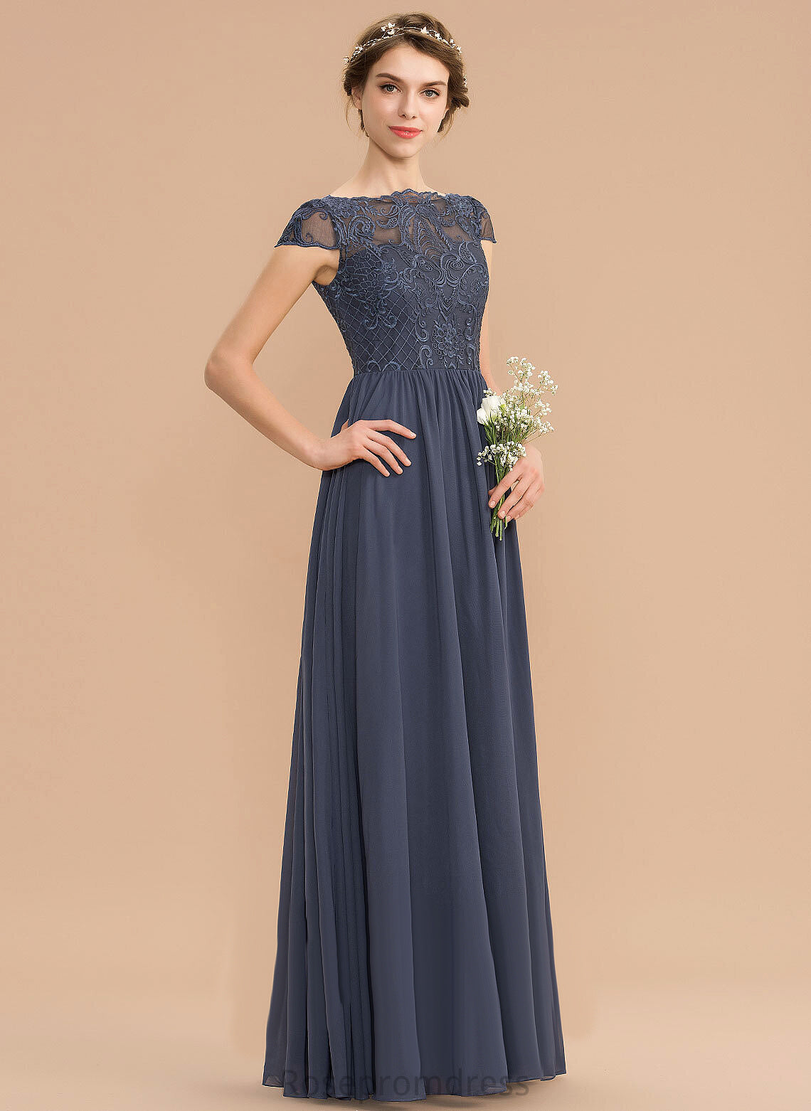 Length Fabric Neckline Silhouette A-line Lace Scoop Straps&Sleeves Floor-Length Allie Natural Waist Short Sleeves Bridesmaid Dresses