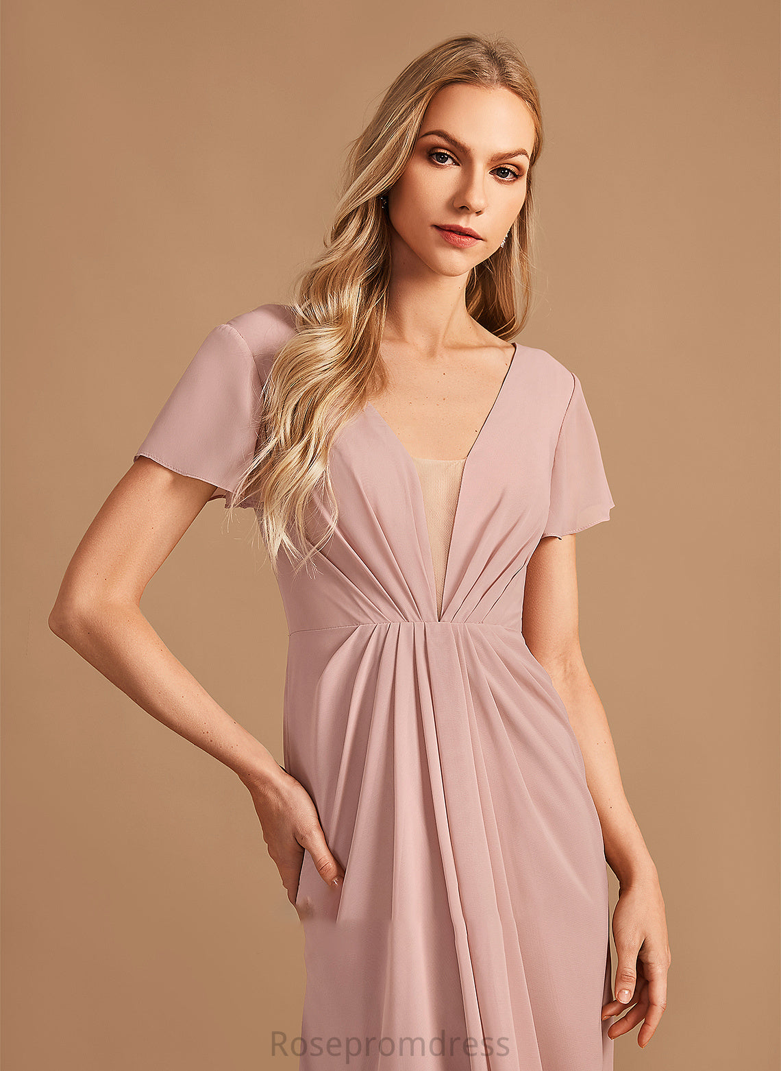 Silhouette Ruffle V-neck Neckline Fabric Embellishment Length A-Line Floor-Length Cameron Natural Waist Sleeveless Bridesmaid Dresses