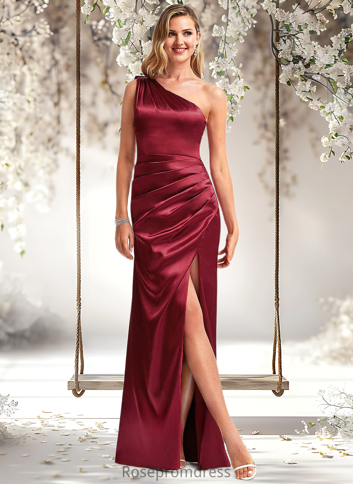 Giuliana A-line One Shoulder Floor-Length Stretch Satin Bridesmaid Dress With Bow DSP0025758