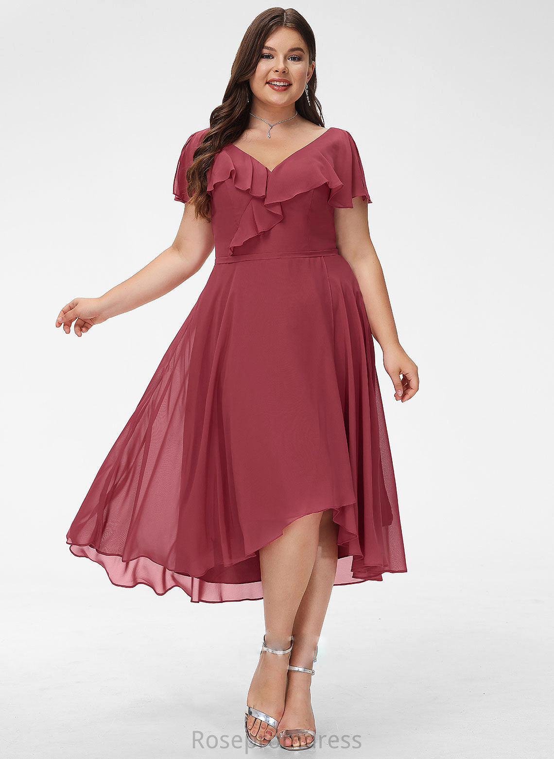 Neckline Fabric A-Line Silhouette Embellishment Length Ruffle V-neck Asymmetrical Violet Bridesmaid Dresses