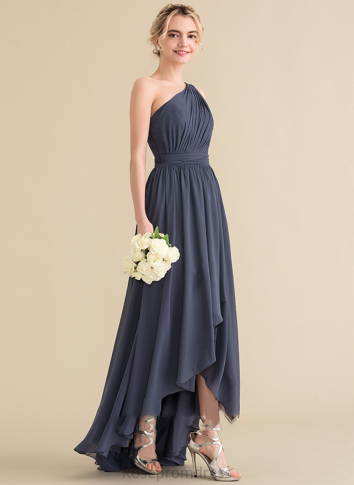 Neckline Fabric Length Silhouette CascadingRuffles One-Shoulder Asymmetrical A-Line Embellishment June A-Line/Princess V-Neck Bridesmaid Dresses