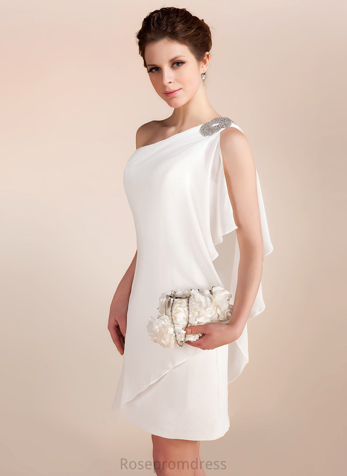 Short/Mini Beading Wedding Dresses Dress Ruffles Wedding Chiffon Sheath/Column Cascading One-Shoulder With Violet