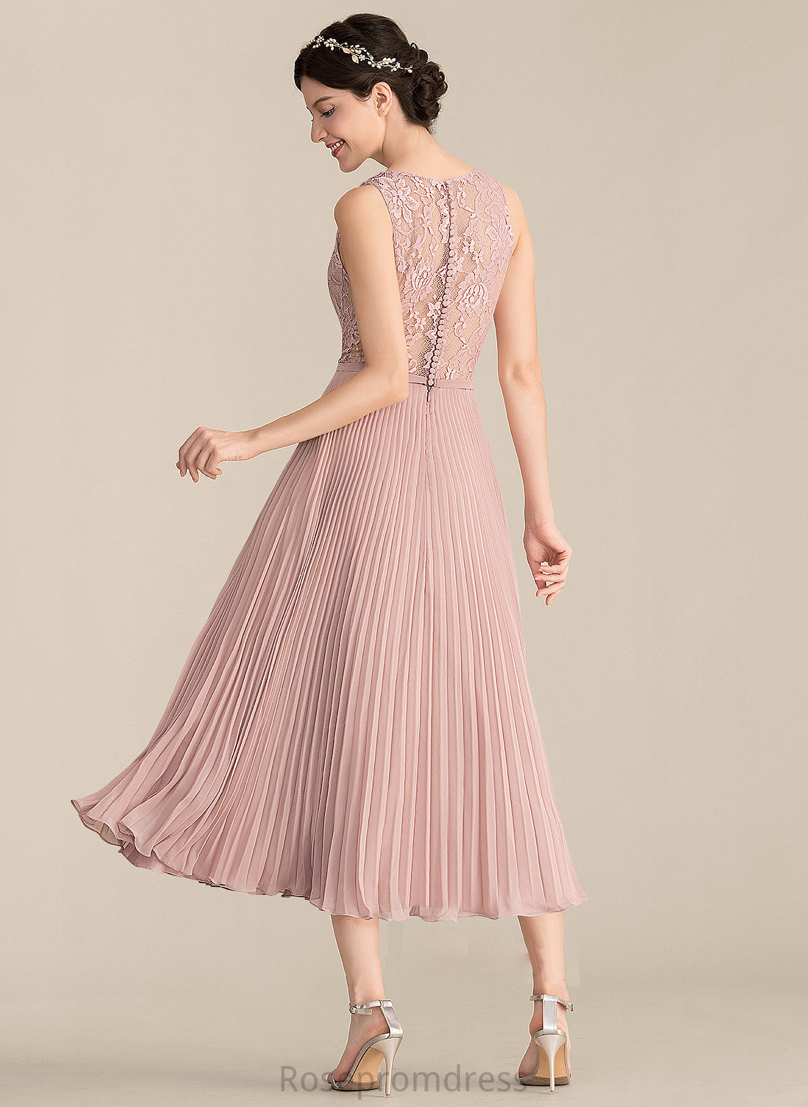 V-neck A-Line Fabric Pleated Neckline Silhouette Tea-Length Embellishment Length Destinee A-Line/Princess Sleeveless Bridesmaid Dresses
