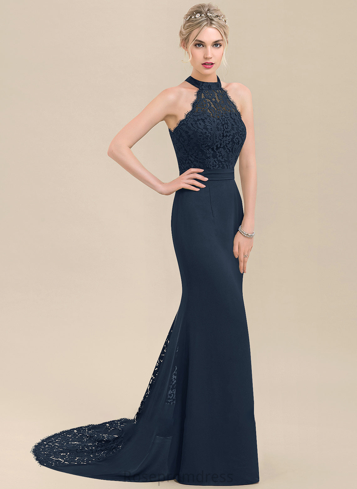 Fabric Trumpet/Mermaid Lace Straps SweepTrain Neckline Silhouette Length HighNeck Dixie Floor Length Natural Waist Bridesmaid Dresses