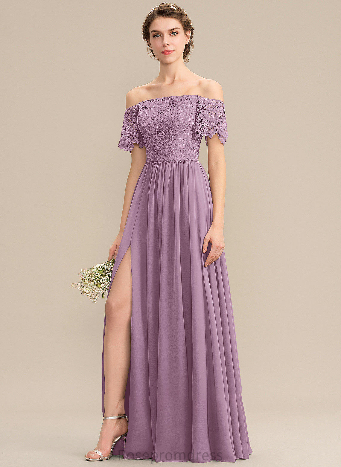 Neckline Length Fabric Off-the-Shoulder A-Line SplitFront Embellishment Silhouette Floor-Length Kiera Bridesmaid Dresses