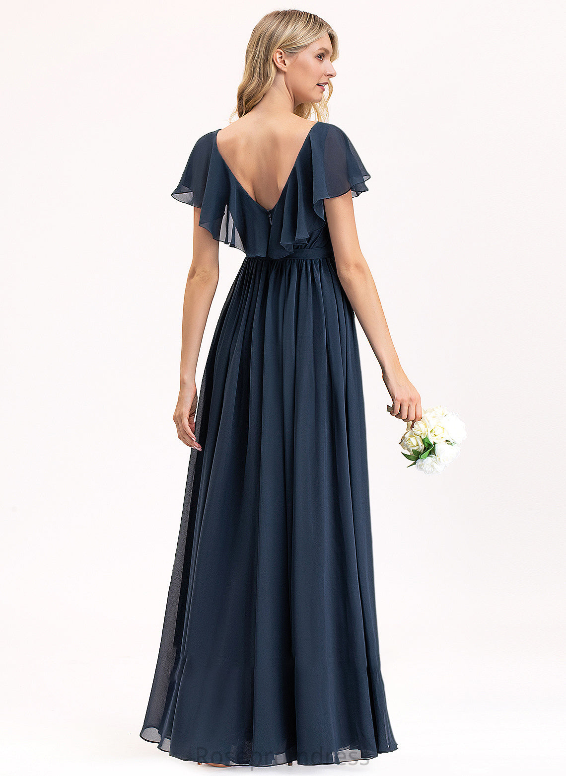 CascadingRuffles Embellishment Bow(s) Length Fabric A-Line SplitFront Silhouette Floor-Length Neckline V-neck Abagail Bridesmaid Dresses
