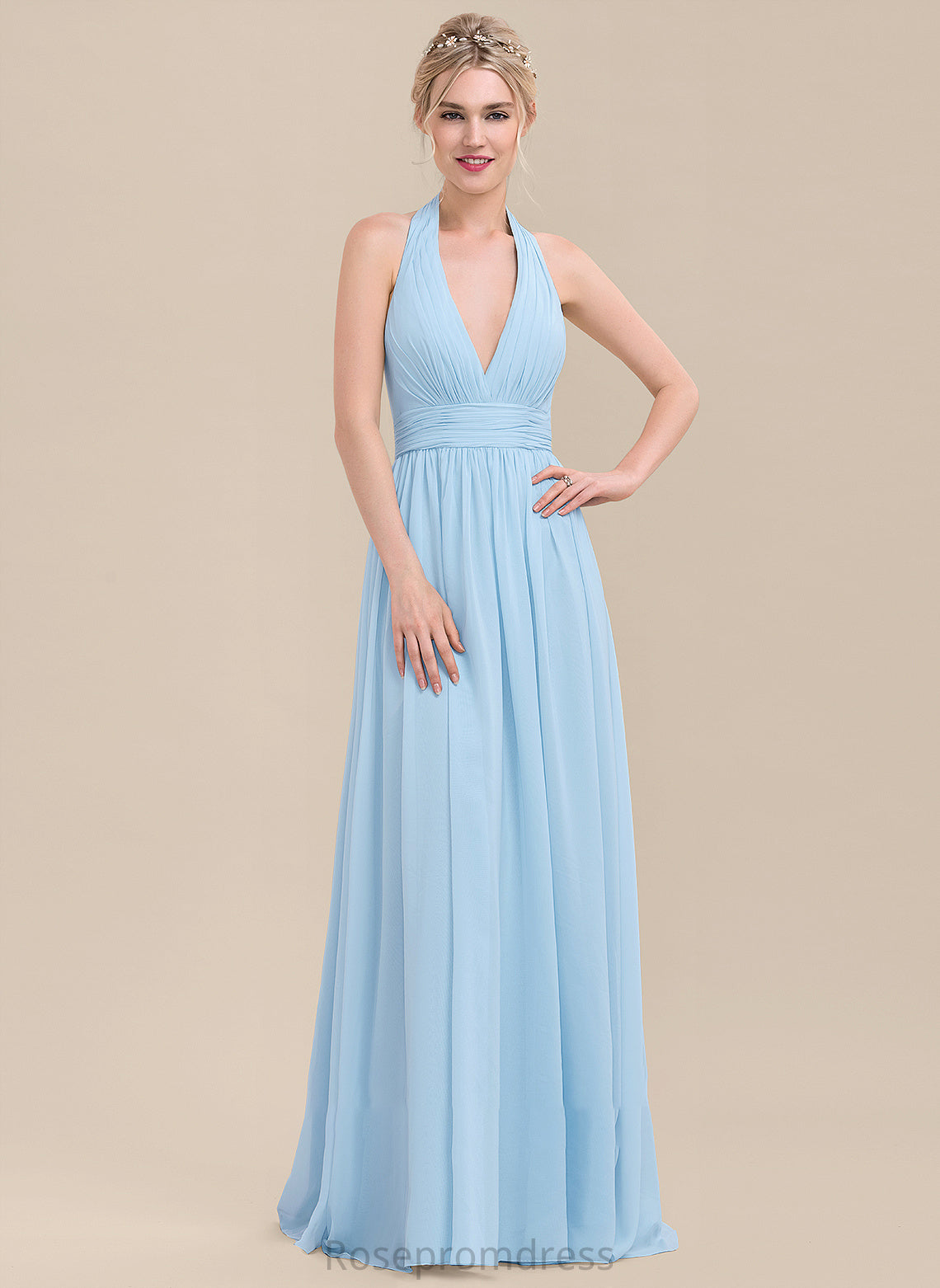 Halter A-Line Ruffle Fabric Silhouette Length Neckline Floor-Length Embellishment Karsyn A-Line/Princess Sleeveless Bridesmaid Dresses