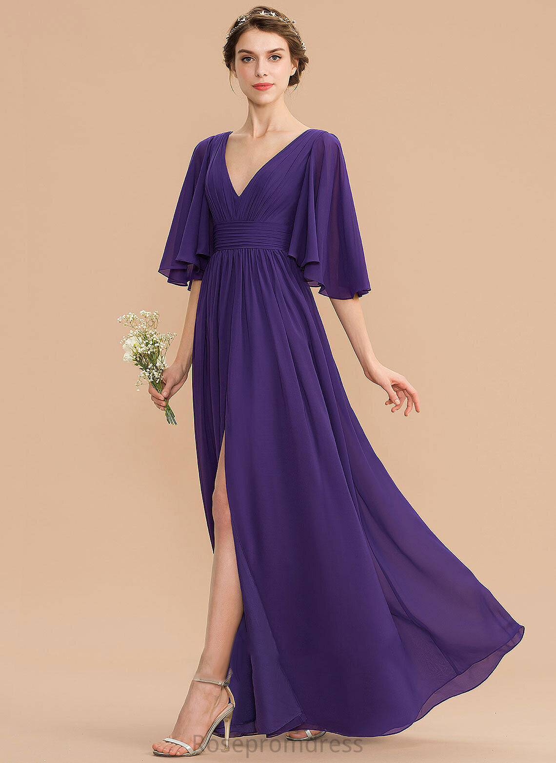 SplitFront Silhouette Bow(s) Floor-Length Neckline Fabric V-neck A-Line Length Ruffle Embellishment Kierra Bridesmaid Dresses