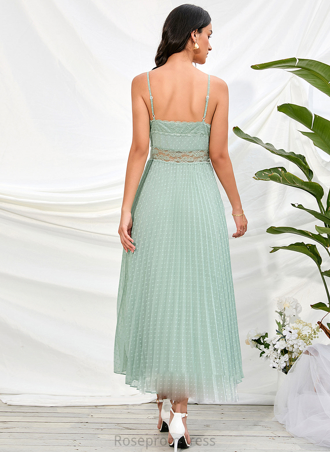 Neckline A-Line V-neck Fabric Silhouette Ankle-Length Straps Length Abbey Spaghetti Staps Natural Waist Floor Length Bridesmaid Dresses