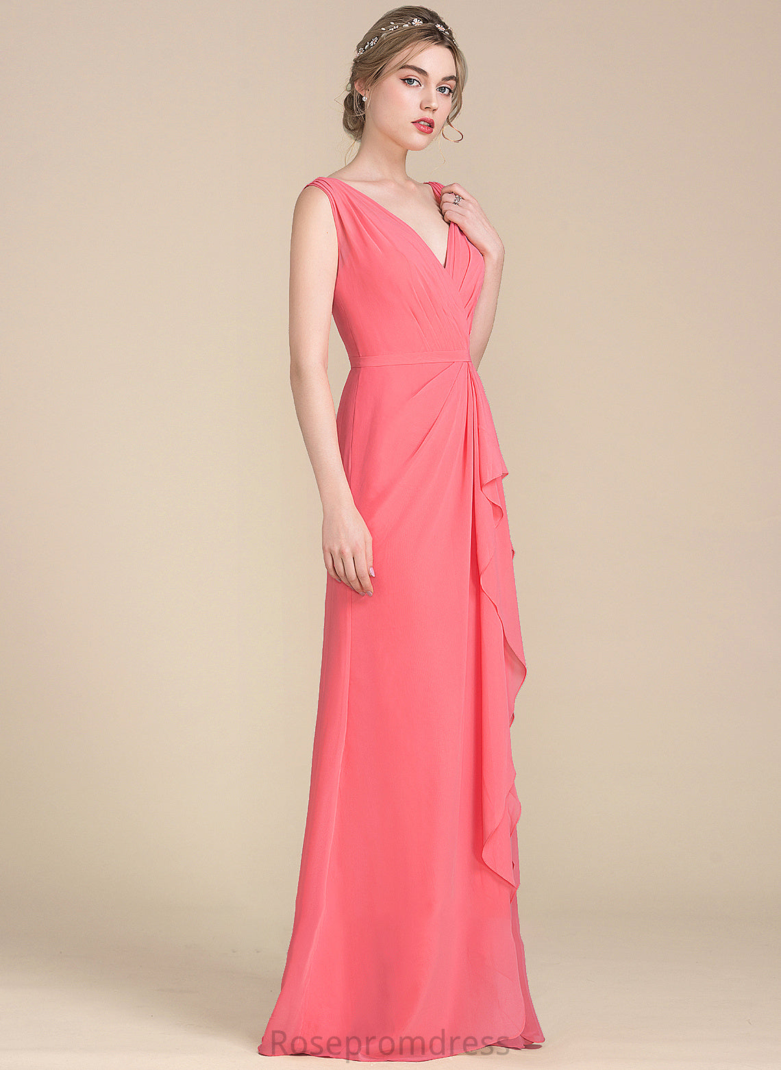 Floor-Length Neckline Embellishment V-neck Silhouette Length Fabric CascadingRuffles A-Line Chloe Natural Waist A-Line/Princess Bridesmaid Dresses