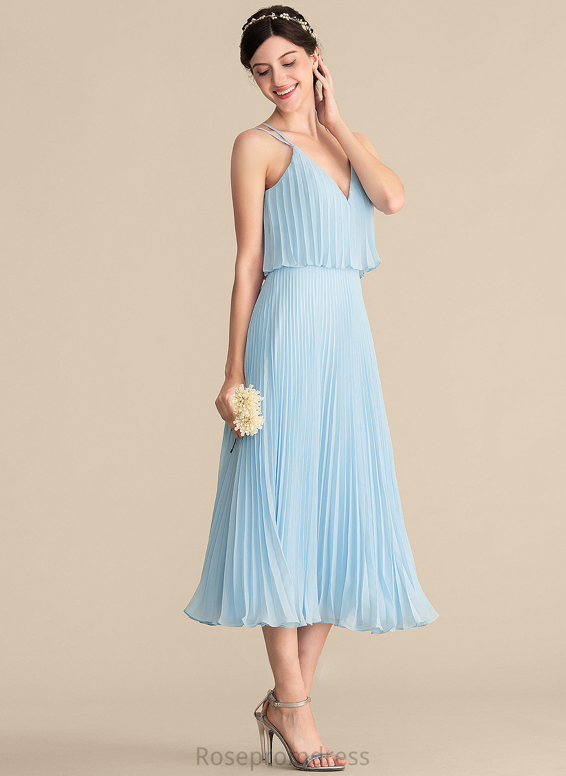 V-neck A-Line Length Tea-Length Neckline Embellishment Pleated Fabric Silhouette Stella Floor Length Natural Waist Bridesmaid Dresses