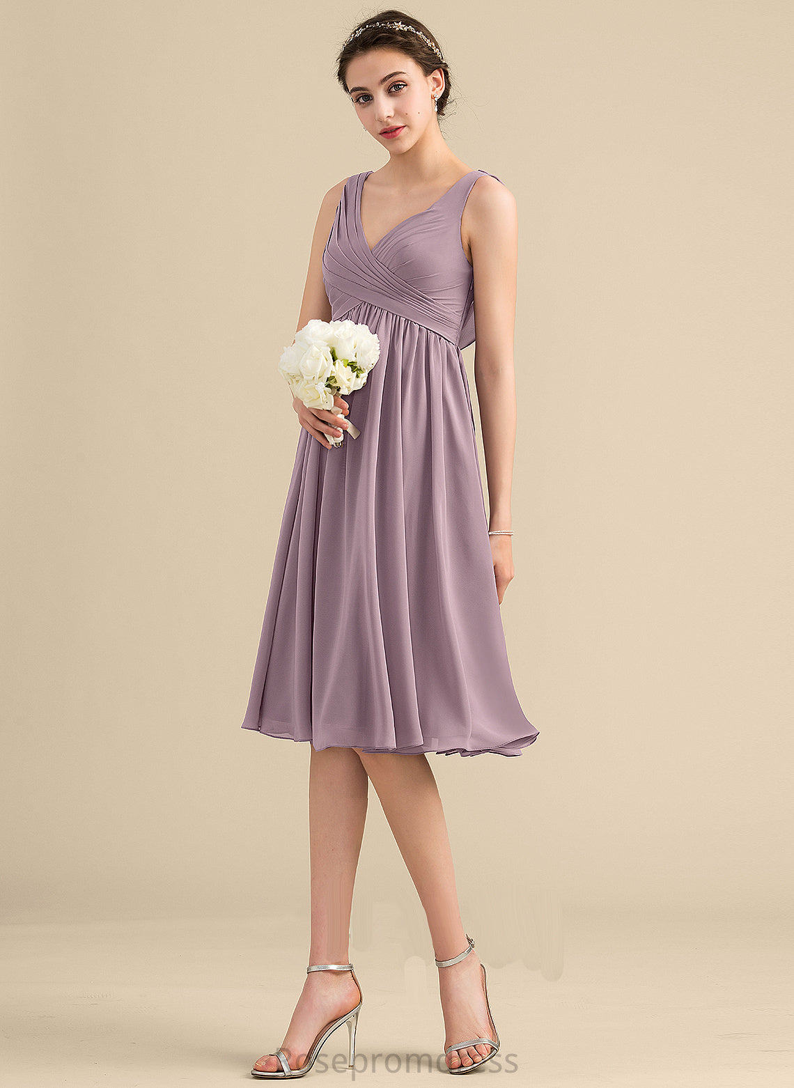 Fabric Knee-Length Embellishment Neckline Silhouette Empire V-neck CascadingRuffles Length Tania Bridesmaid Dresses