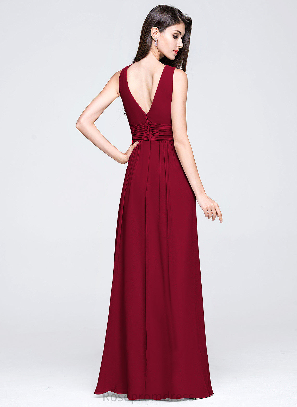 Length Fabric A-Line Silhouette Embellishment Floor-Length Neckline Ruffle V-neck Halle Stretch Satin Sleeveless Bridesmaid Dresses