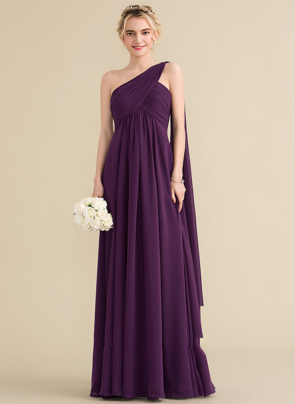 Ruffle Neckline Length Silhouette One-Shoulder A-Line Embellishment Floor-Length Fabric Aurora Sleeveless Empire Waist Bridesmaid Dresses