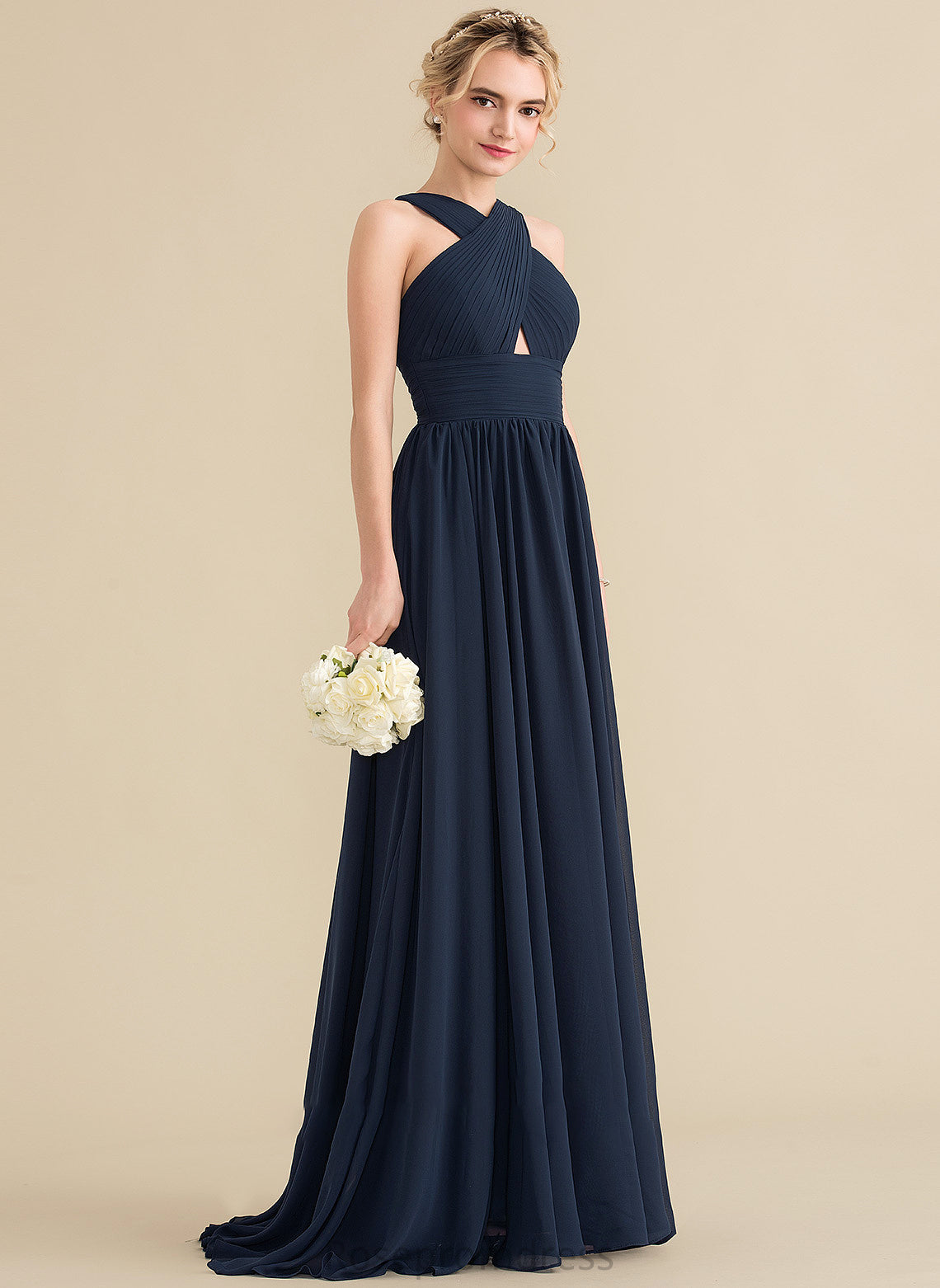 SweepTrain Embellishment Fabric A-Line Silhouette Neckline Length Ruffle V-neck Trudie Bridesmaid Dresses