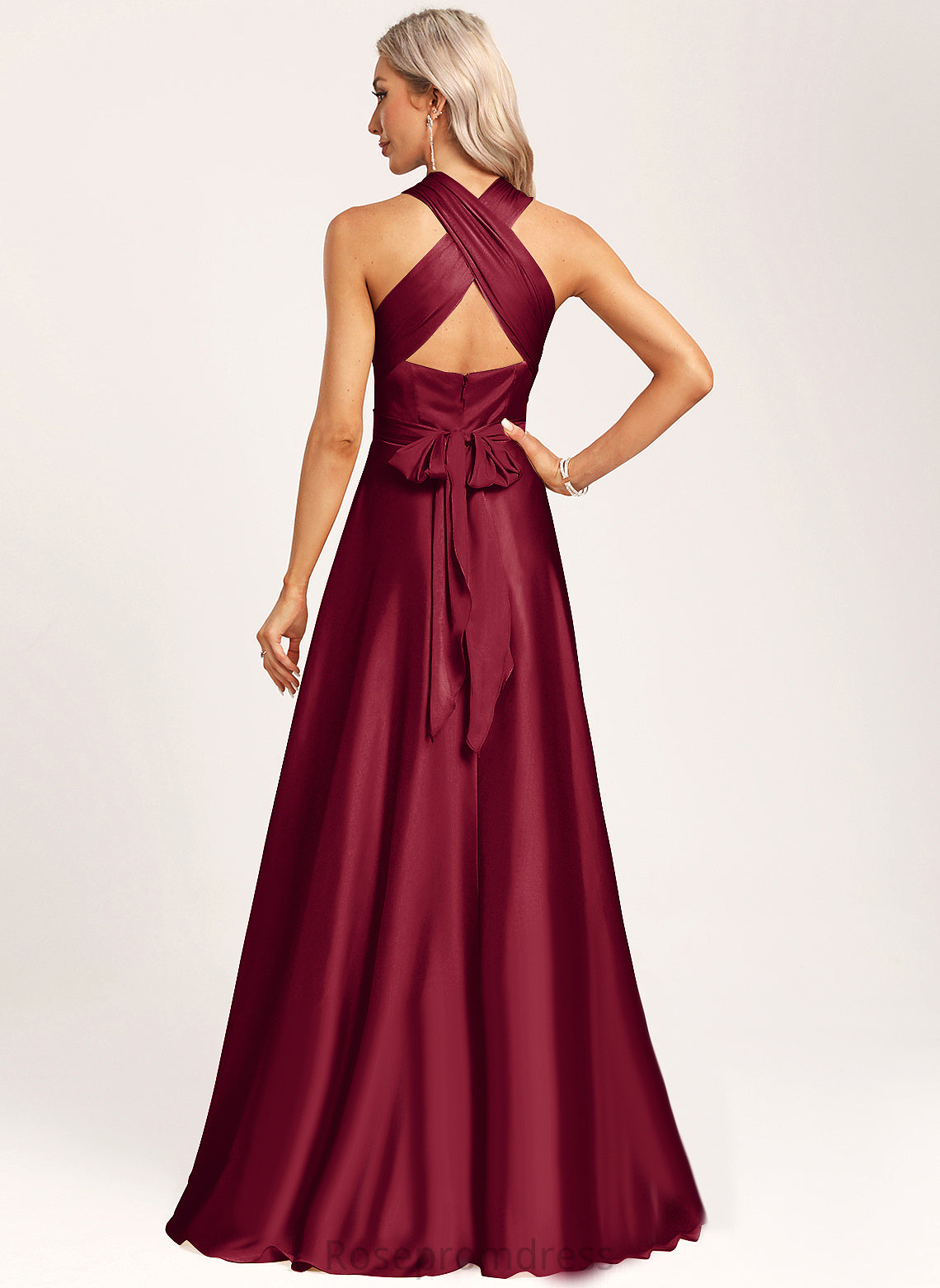 Halter Neckline Satin Fabric Length Floor-Length Silhouette A-Line One-Shoulder Straps&Sleeves V-neck Paisley Bridesmaid Dresses