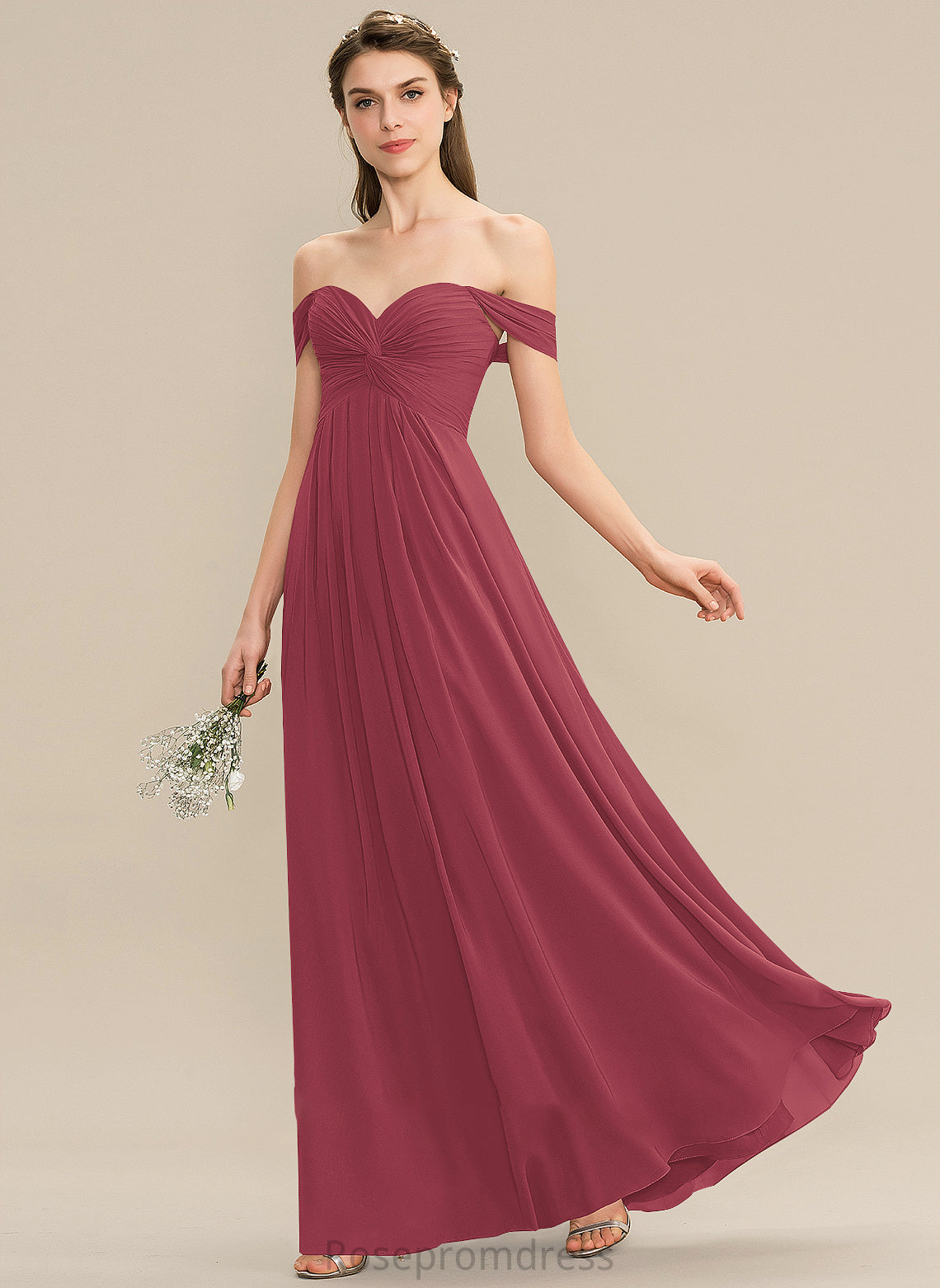 A-Line Ruffle Floor-Length Off-the-Shoulder Length Silhouette Neckline Fabric Embellishment Briley Natural Waist Spaghetti Staps Bridesmaid Dresses