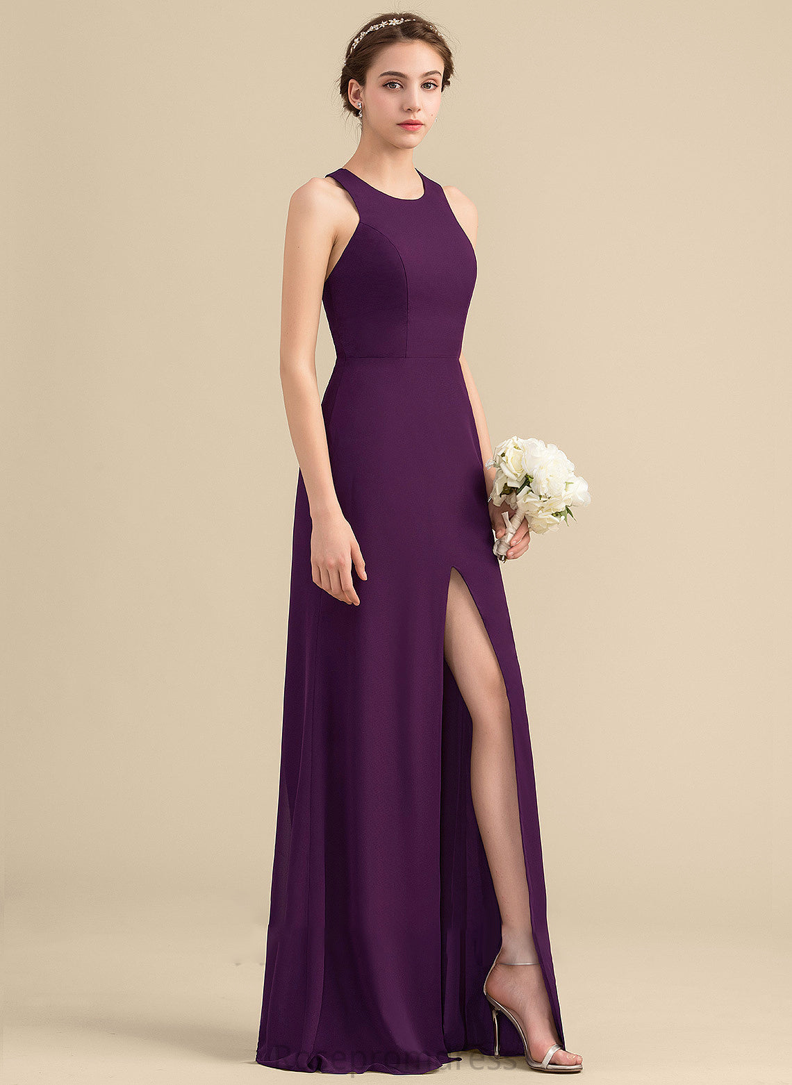 Silhouette Length Embellishment SplitFront Fabric ScoopNeck Floor-Length A-Line Neckline Elizabeth Natural Waist Floor Length Bridesmaid Dresses