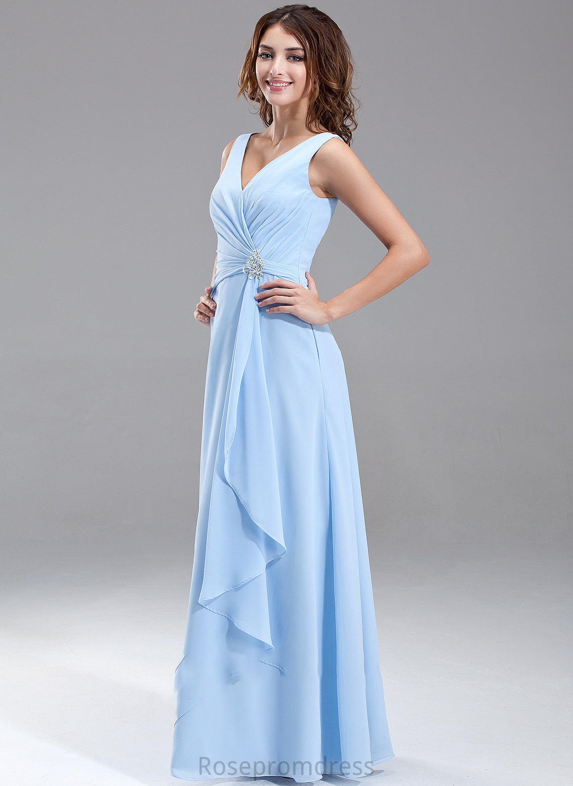 A-Line Embellishment V-neck Floor-Length Fabric Beading Length CascadingRuffles Silhouette Neckline Louisa V-Neck Bridesmaid Dresses