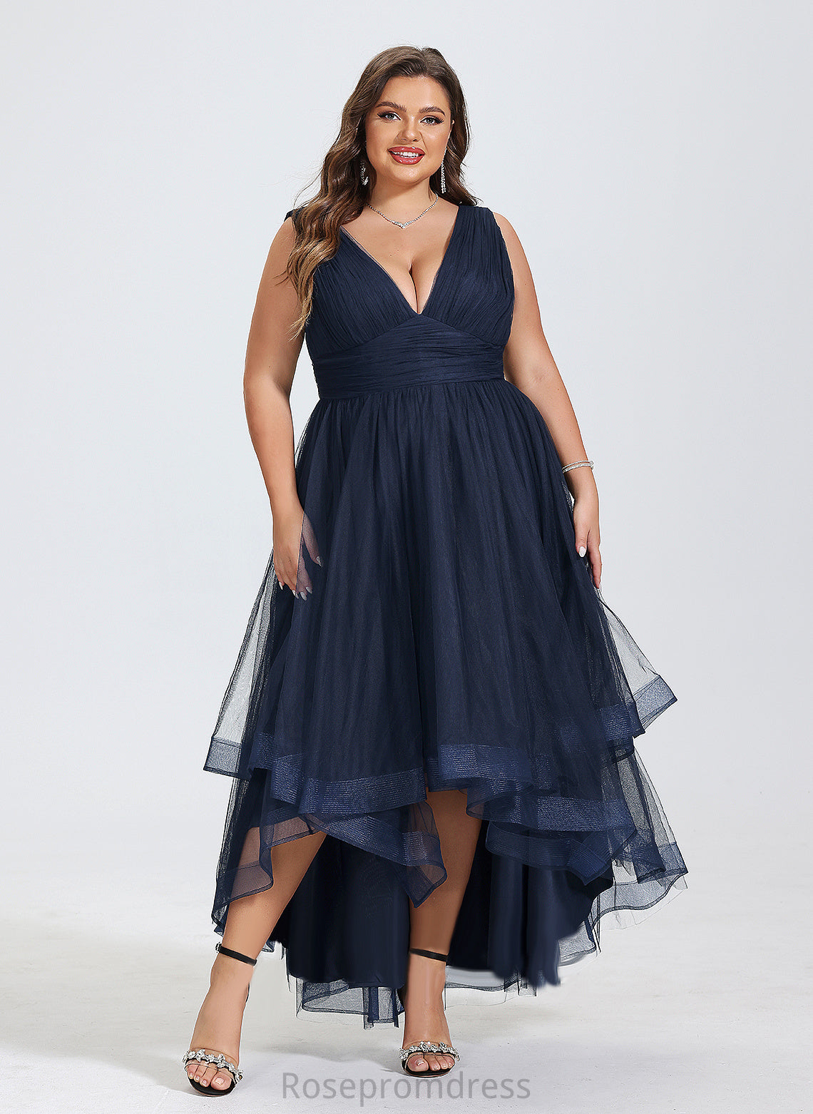 Tulle Pleated V-neck A-Line With Cascading Dress Asymmetrical Cocktail Cocktail Dresses Ruffles Nina