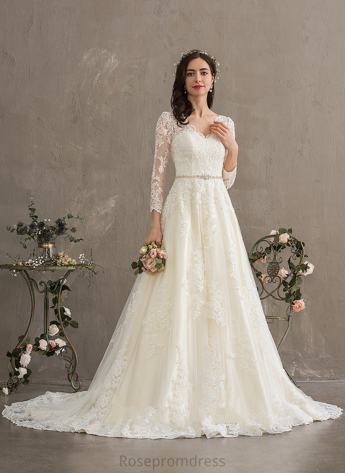 Abagail Beading With V-neck Chapel Train Wedding Dresses Dress Ball-Gown/Princess Lace Sequins Tulle Wedding