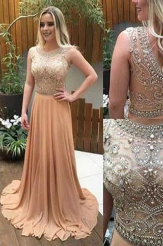 See Through Beaded Long Champagne Scoop Cap Sleeve A-Line Cheap Custom Prom Dresses RS02
