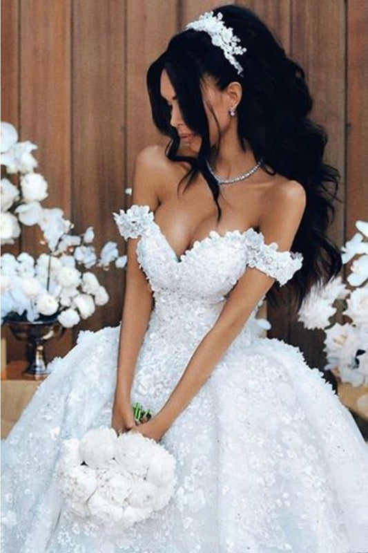 A Line Off The Shoulder Wedding Dresses Tulle With Applique And SRSPR88F3G3