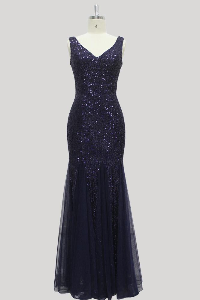 Sexy Burgundy Tulle V Neck Mermaid Sequin Prom Dresses, Evening Party Dresses SRS15332