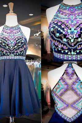 Navy Chiffon Halter Neck Beaded Sequins Crystals Cheap Homecoming Gowns with Illusion Back RS922