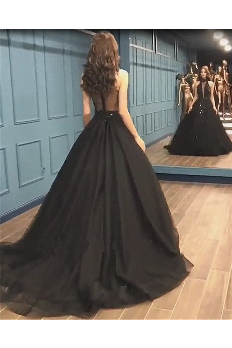 Sexy Ball Gown High Neck Black Tulle V Neck Sequins Party Dresses Prom SRSPQC2HNL1