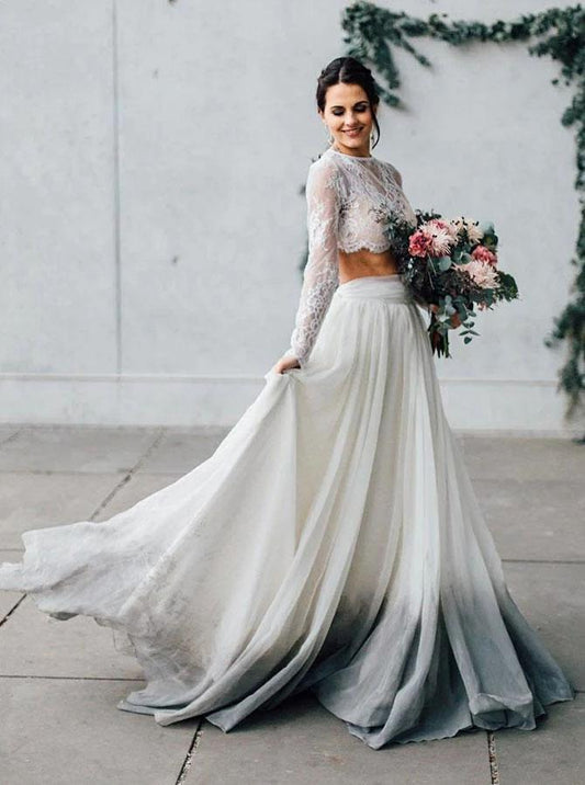 Elegant Two Pieces Chiffon Long Sleeves Wedding Dress with Lace Appliques SRS15209