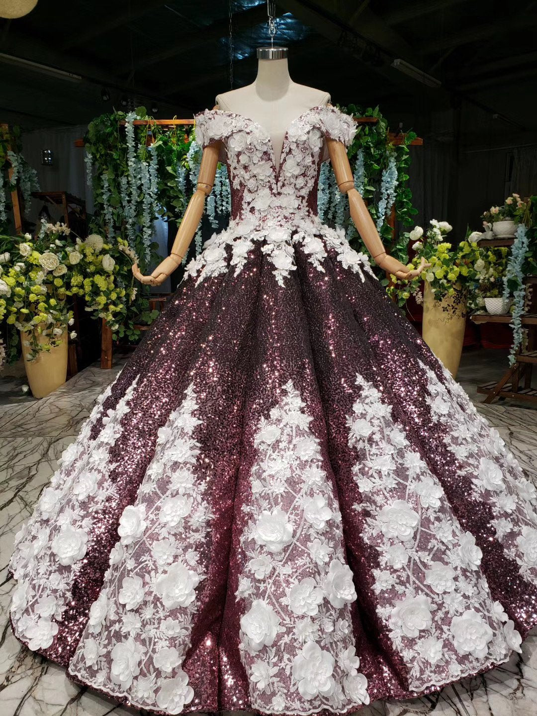 Ball Gown Off the Shoulder V Neck Satin Prom Dresses with Hand Made Flowers, Quinceanera Dress SRS15064