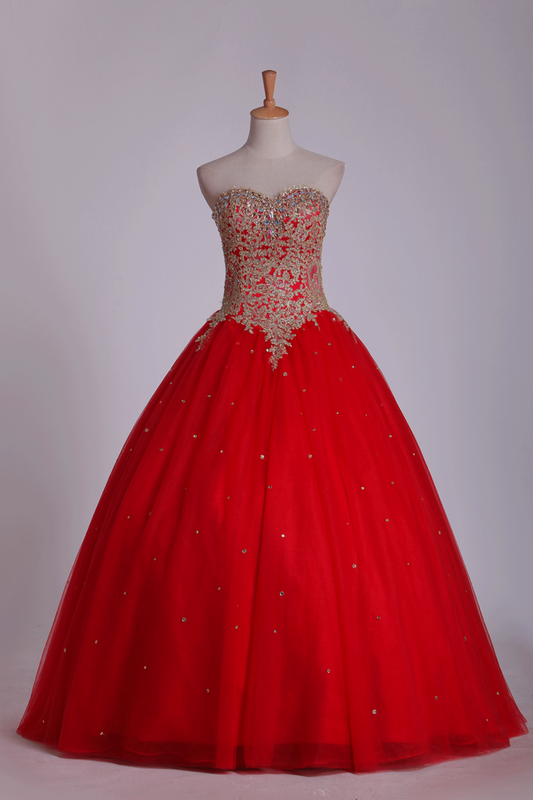 2024 Sweetheart Quinceanera Dresses Ball Gown Tulle With Beads & Applique Floor Length Red