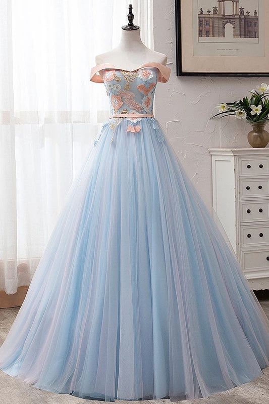 Ball Gown Off the Shoulder Tulle Sweetheart Appliques Prom Dresses, Quinceanera Dresses SRS15063