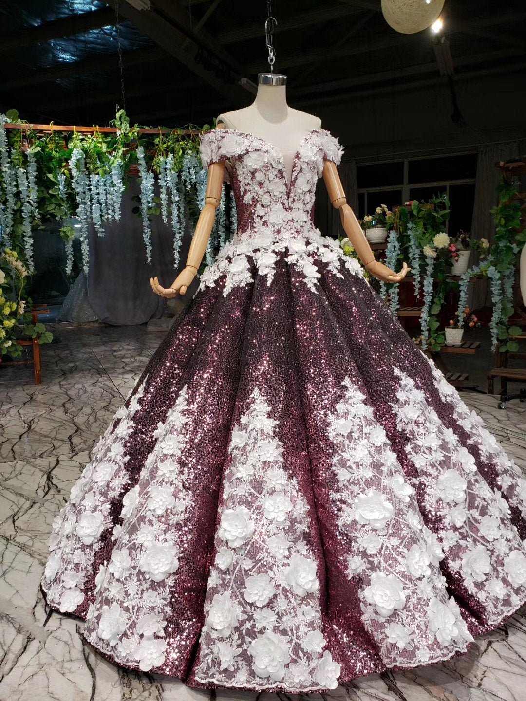 Ball Gown Off the Shoulder V Neck Satin Prom Dresses with Hand Made Flowers, Quinceanera Dress SRS15064