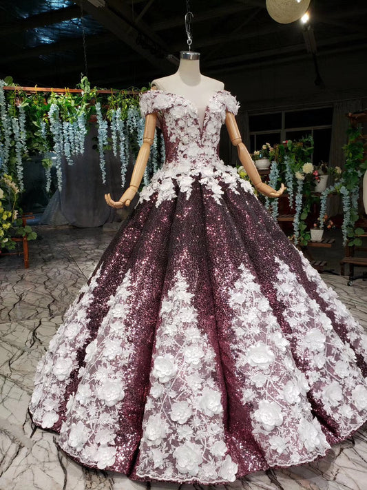 Ball Gown Off the Shoulder V Neck Satin Prom Dresses with Hand Made Flowers, Quinceanera Dress SRS15064