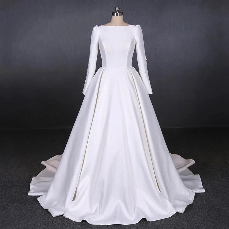 Ball Gown Long Sleeve White Satin Wedding Dresses, Long Simple Wedding Gowns SRS15060