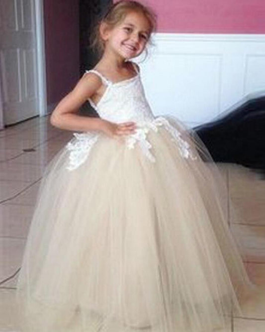 Tulle Applique Spaghetti Straps Backless Flower Girl Dresses Lovely Tutu Dresses RS117