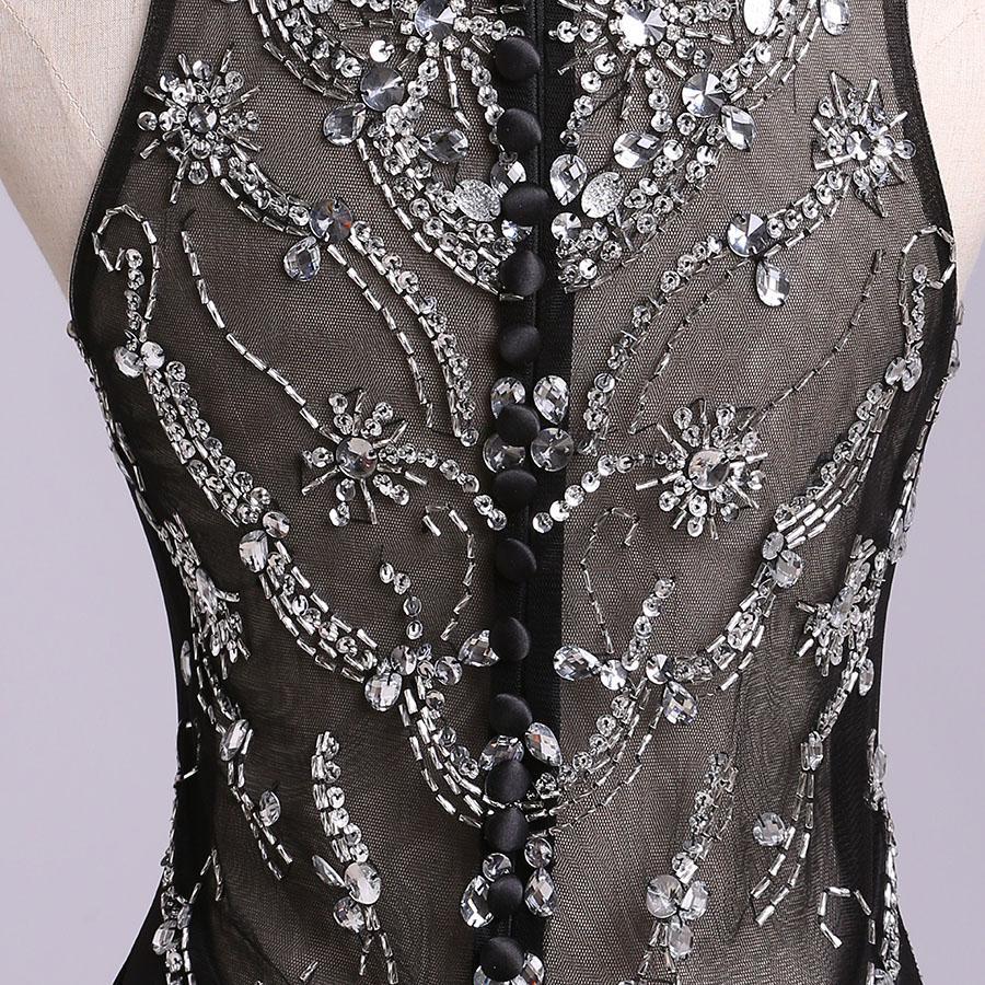 Sexy Black Mermaid Beads High Neck Satin Button Cheap Prom Dresses Party Dress RS173